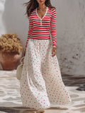 Vacation-style Striped Long-sleeve V-neck Top And Heart-print Chiffon Skirt Set