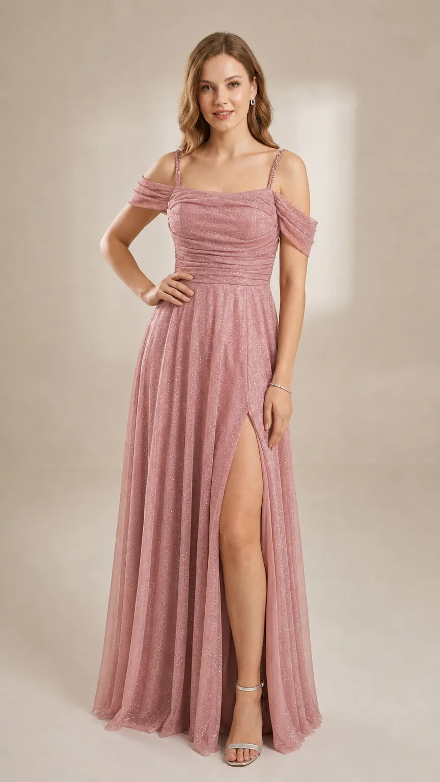 Glitter Mesh Off-the-Shoulder Evening Gown with Beaded Straps and Thigh Slit