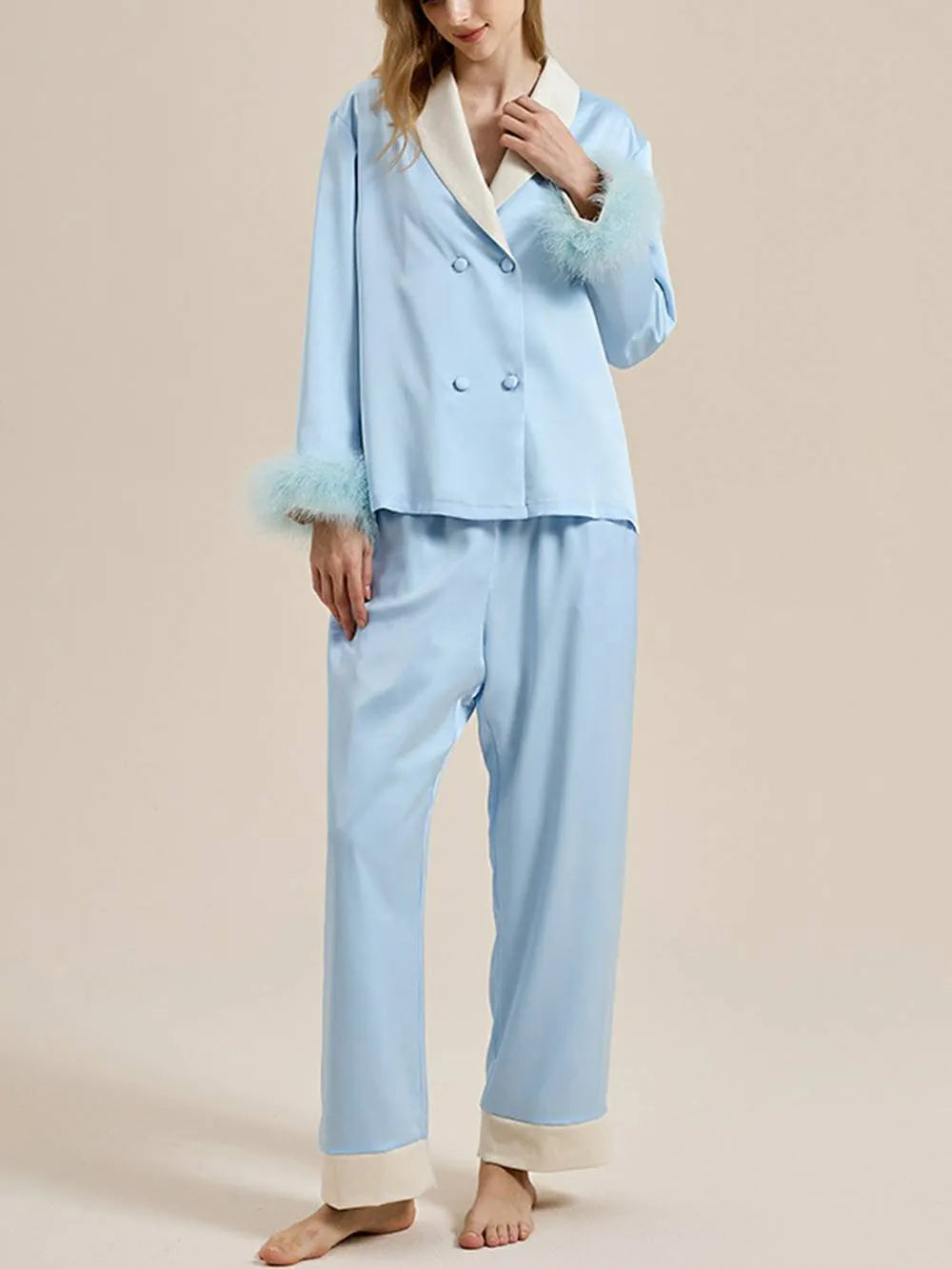 Feather Trim Red Pyjamas Set