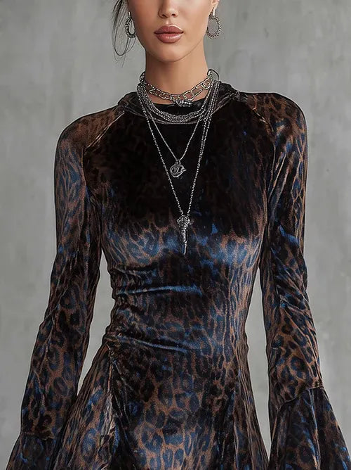 Blue Leopard Print Velvet Mini Dress