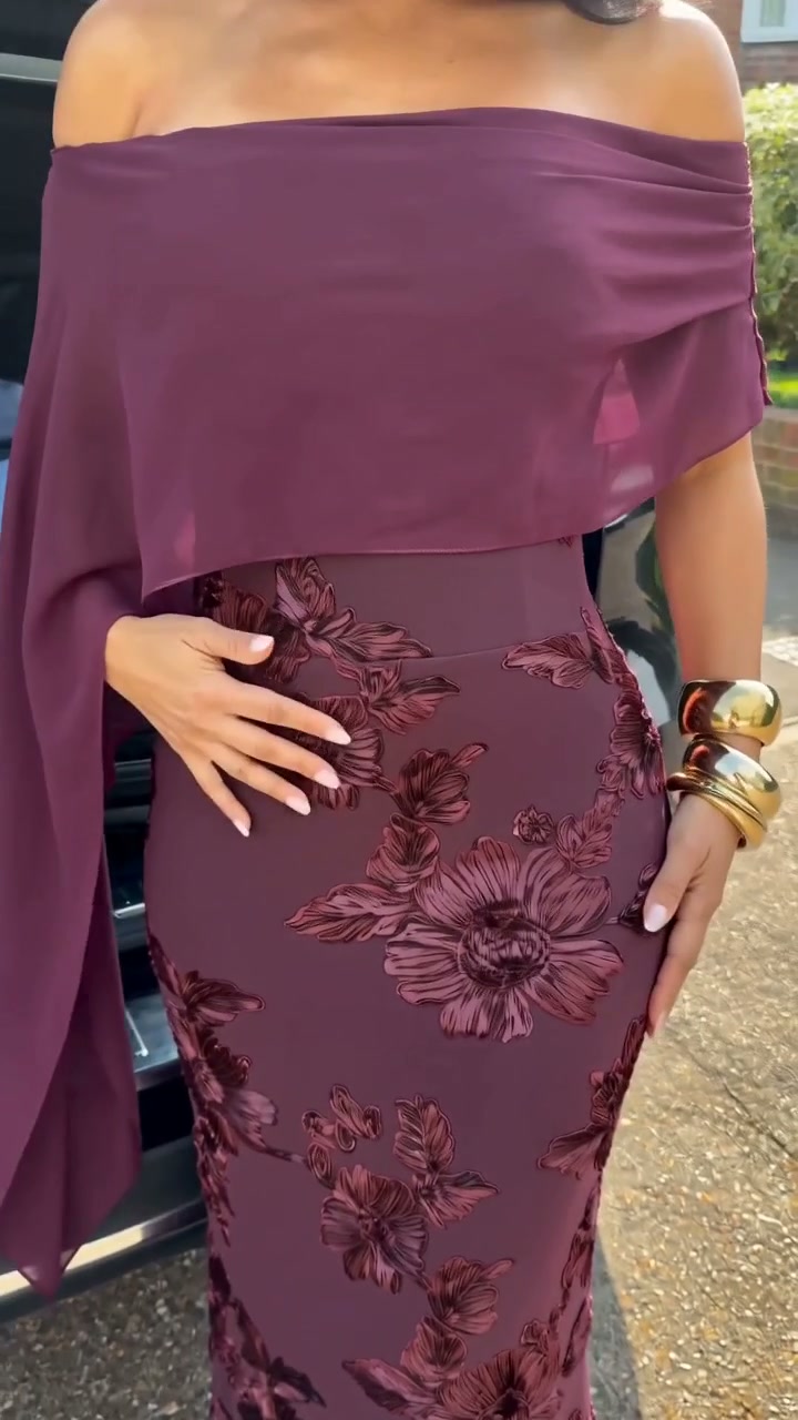 burgundy-floral-cape-midi-dress-off-shoulder-sheath-dress