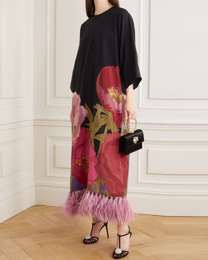 Feather tassel maxi dress print