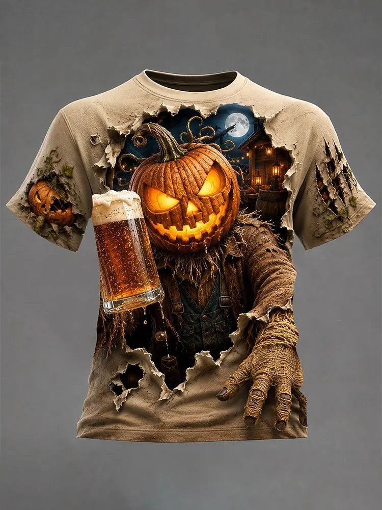 Men's Retro Halloween Pumpkin Face Pattern Casual T-shirt