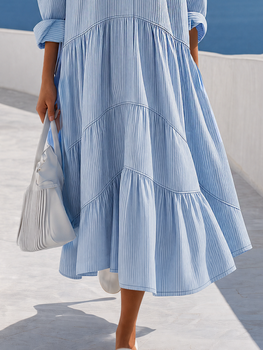 Elegant Blue Striped Collared Tiered Midi Dress