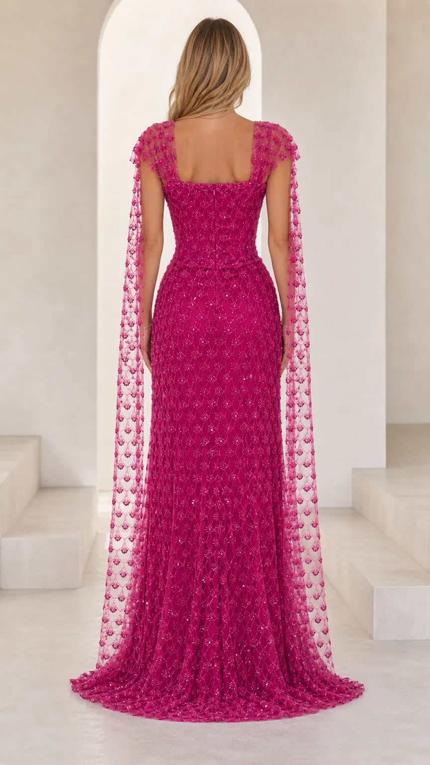 Sequined Square Neck Capelet Evening Gown with Thigh Slit