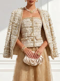 Women Spring/Fall Khaki Tweed Webbing V Neck Jacket