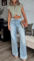 Sleeveless Cropped Cargo Vest & jeans Pant Two‐Piece Set