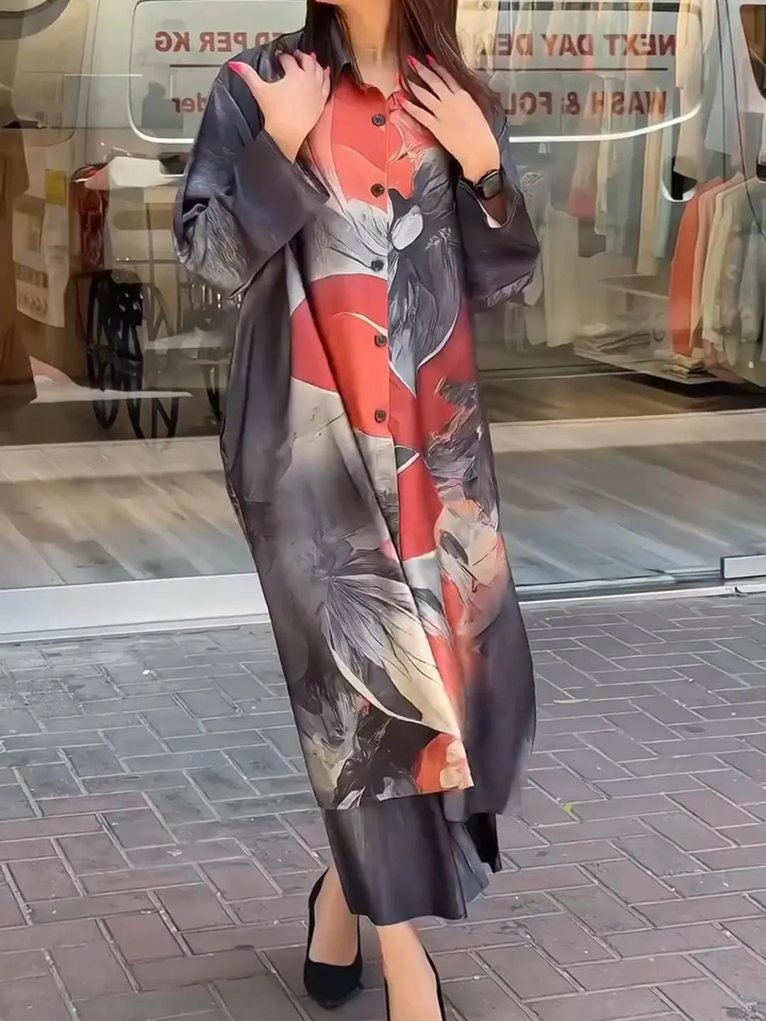 Women's lapel button-down printed shirt long coat and pants set