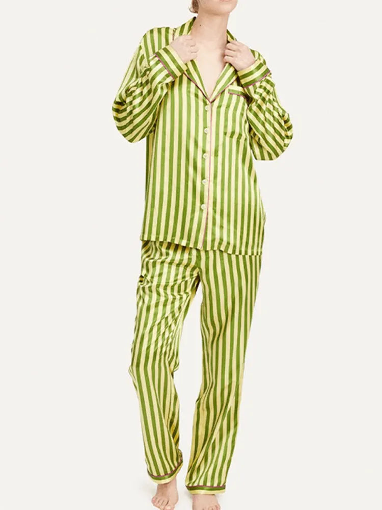 Vintage Green Striped Long Sleeve Pajama Set
