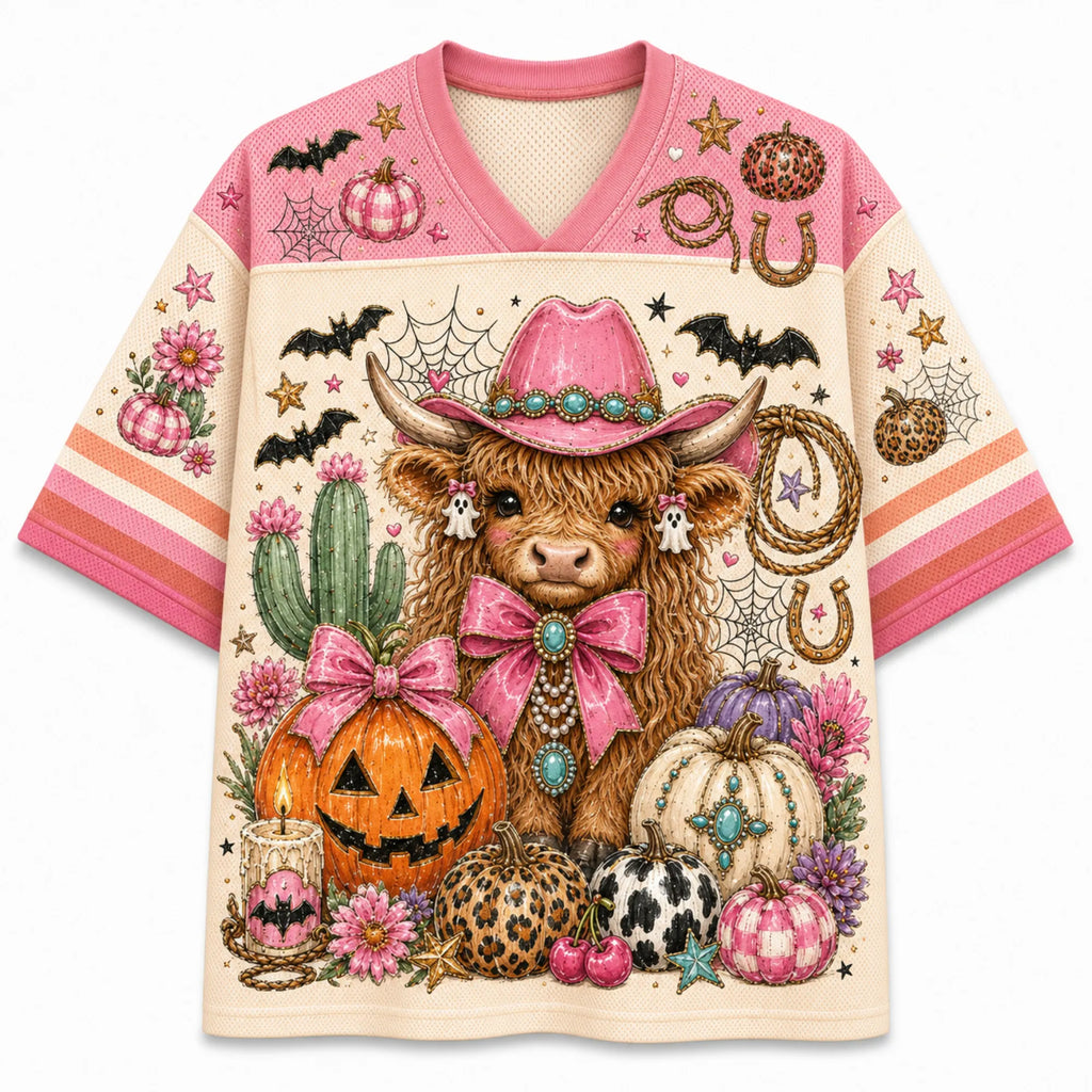 Chaotic Club Pink Cowgirl Halloween Highland Cow Mesh Jersey