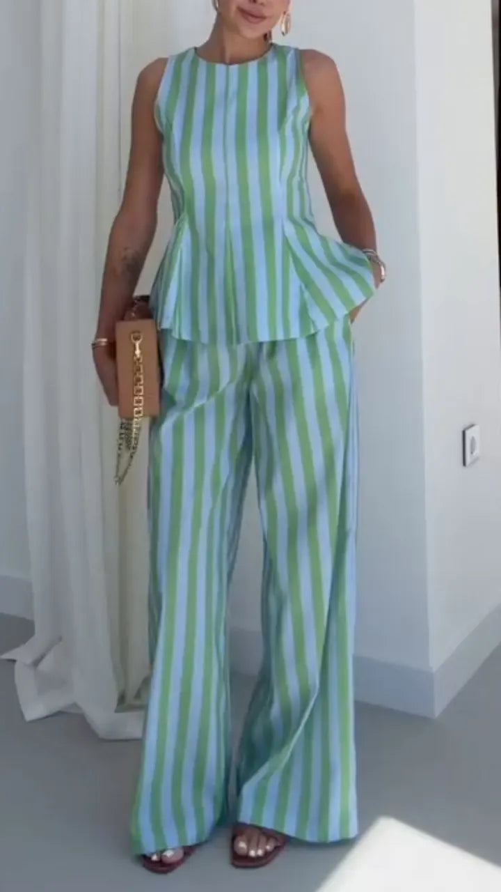 Stripe Sleeveless Two‐Piece Pant Set