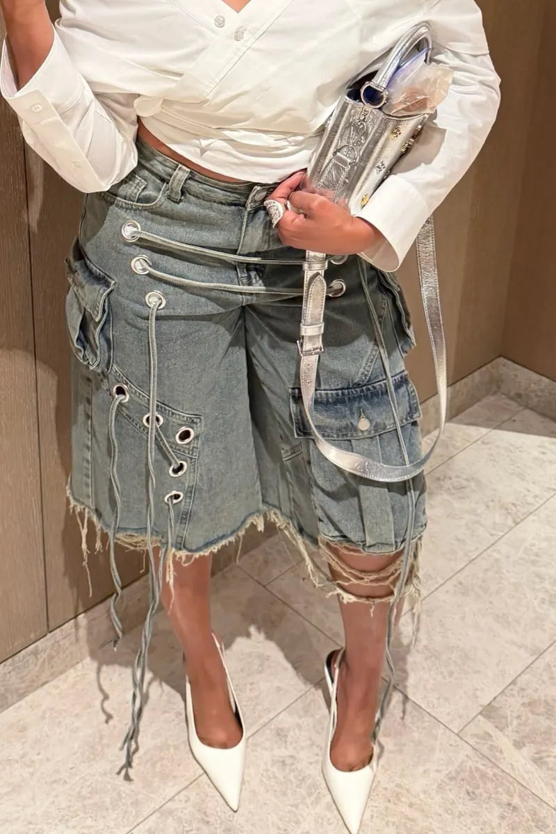 Off‐Shoulder Wrap Shirt & Denim Cargo Knee Shorts Outfit