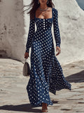 Vacation Square Neck Long Sleeve Polka Dot Maxi Dress