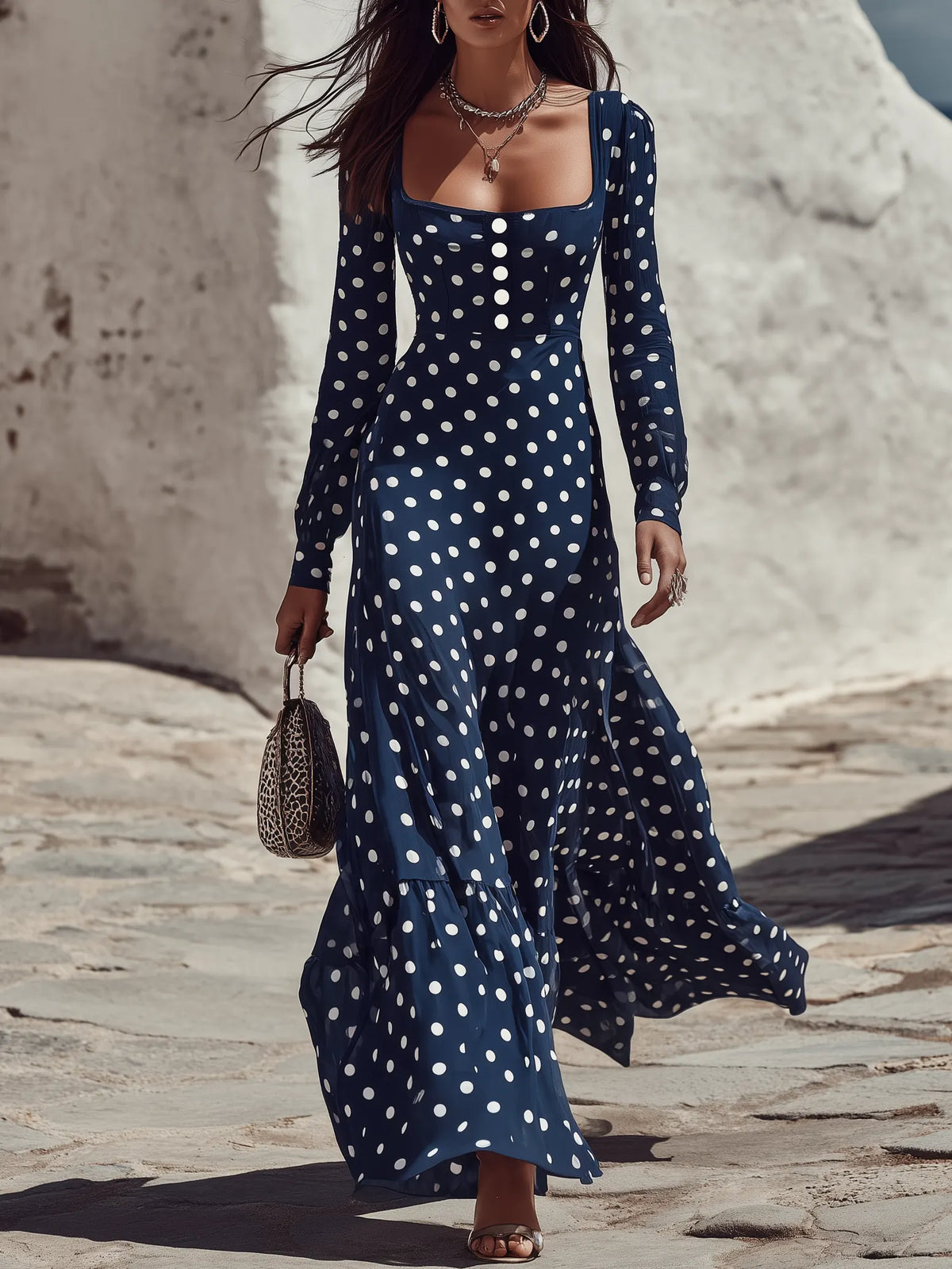 Vacation Square Neck Long Sleeve Polka Dot Maxi Dress