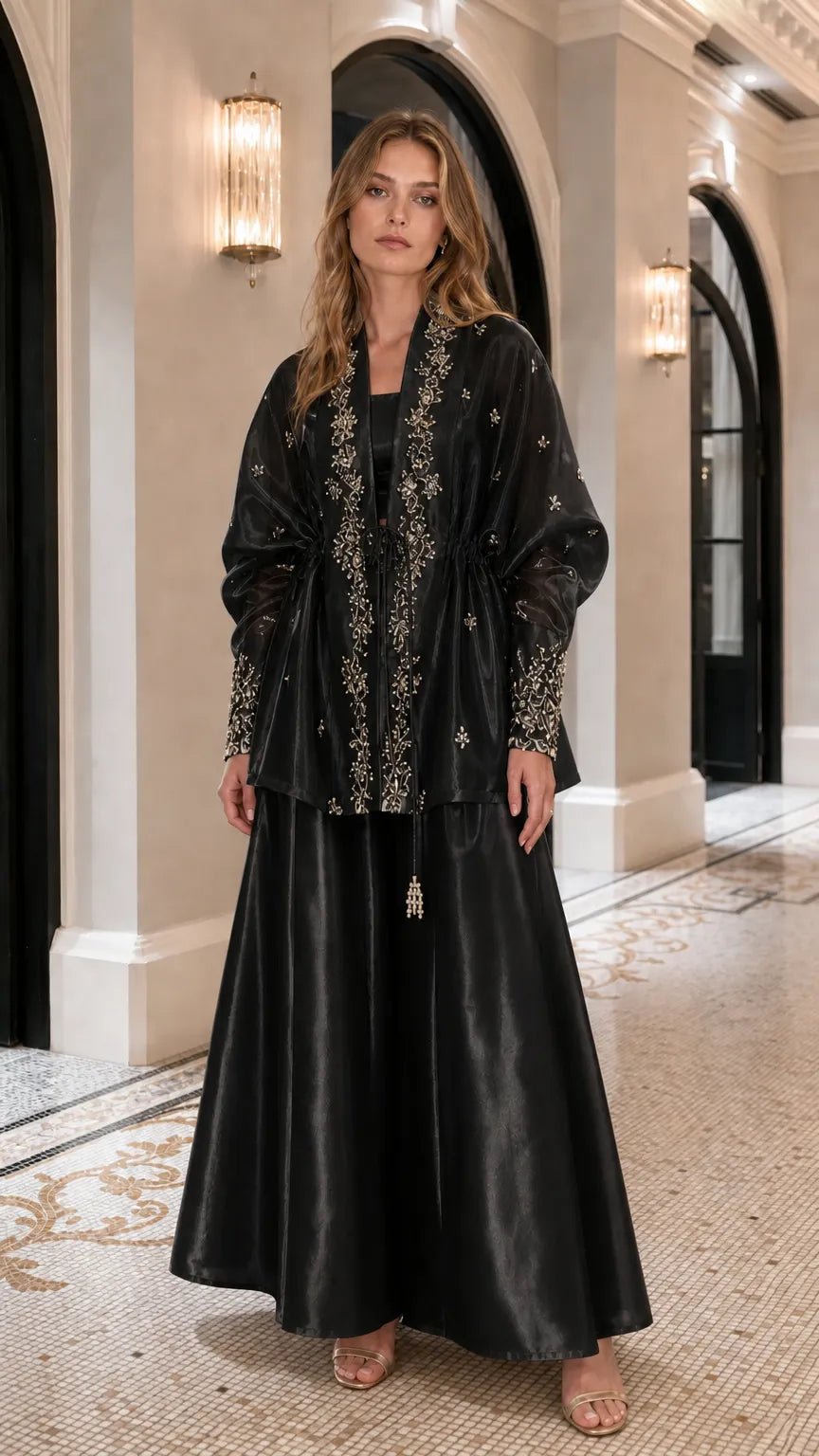 Embroidered Metallic Sheer Overcoat and Wide-Leg Pants Set
