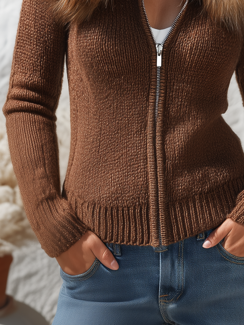 Stylish Casual Faux Fur Collar Knit Cardigan