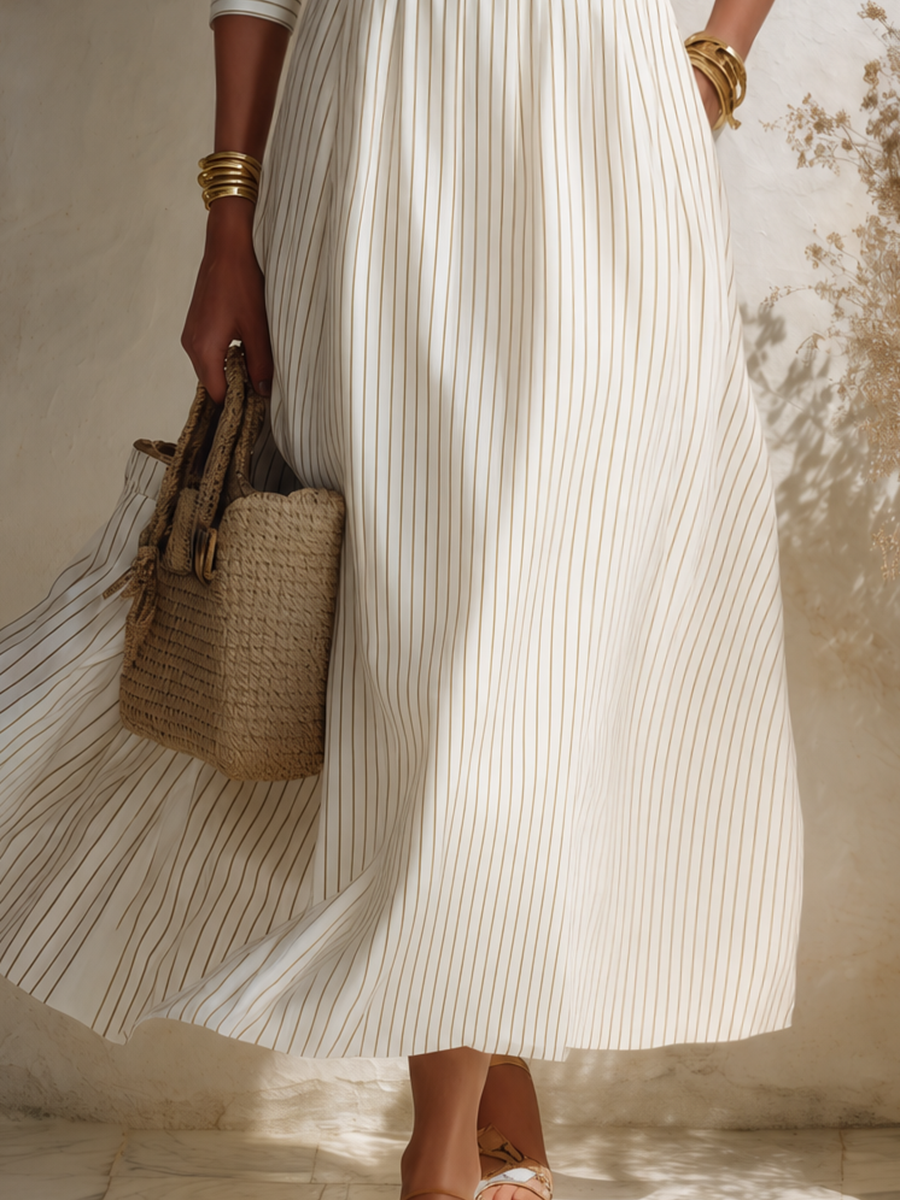 Resort-style Long-sleeve Striped Collared Midi Dress