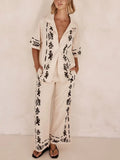 Black Printed Cream Wide Leg Pants-Set