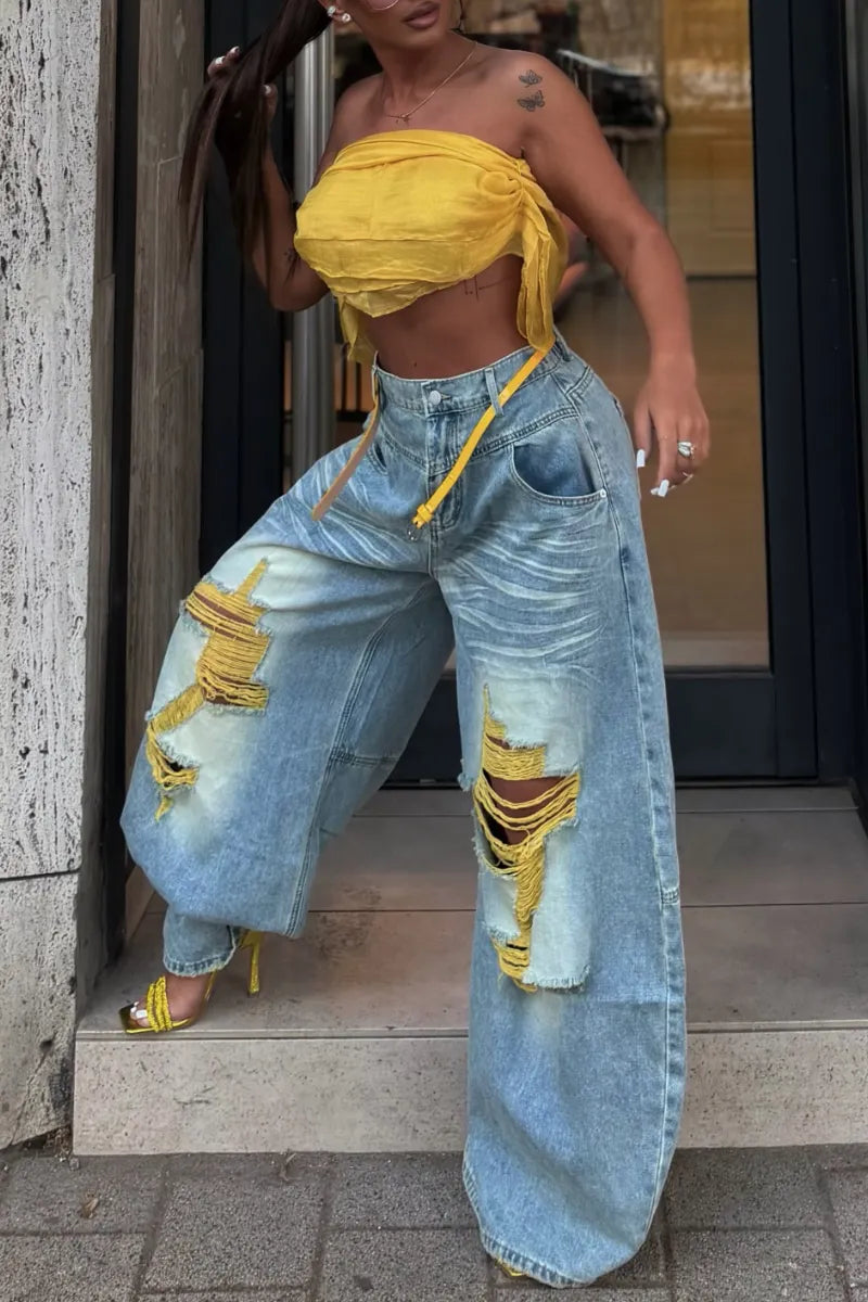 Acid Wash Yellow‐Thread Ripped Baggy Jeans