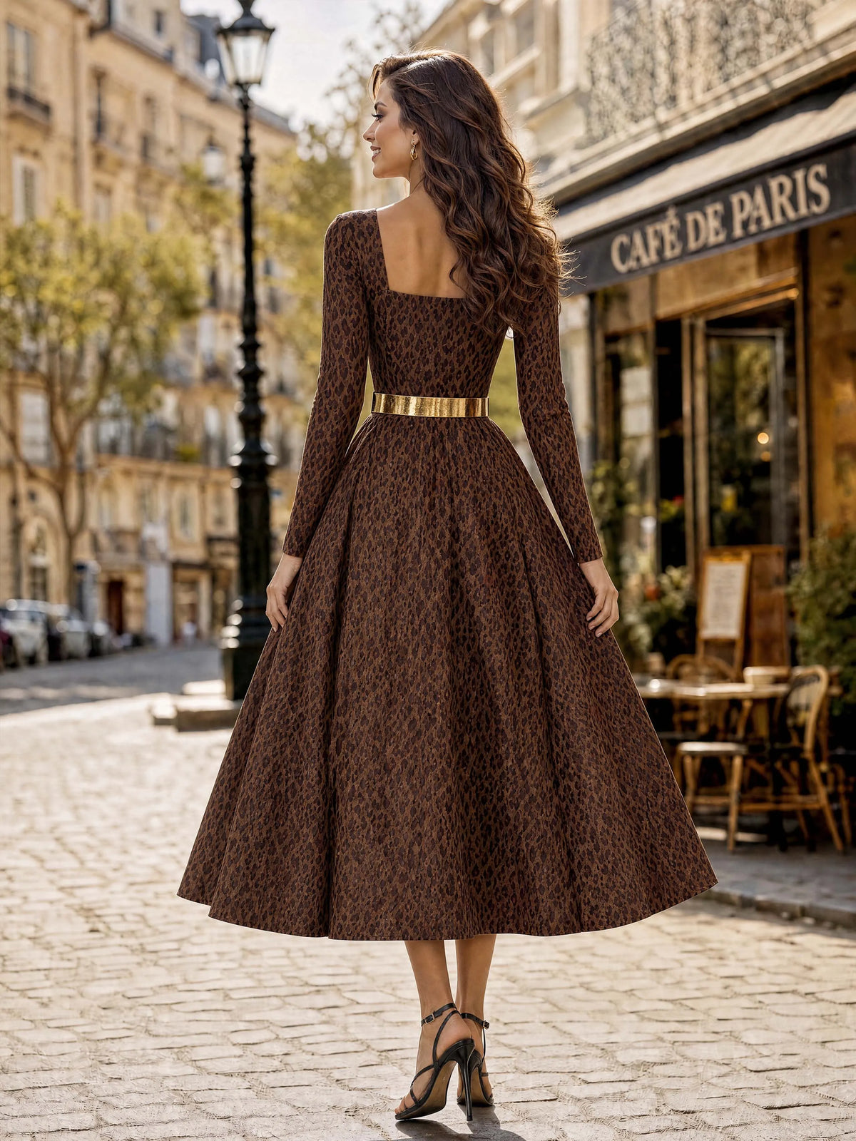 Vintage Leopard Square Neck Midi Dress