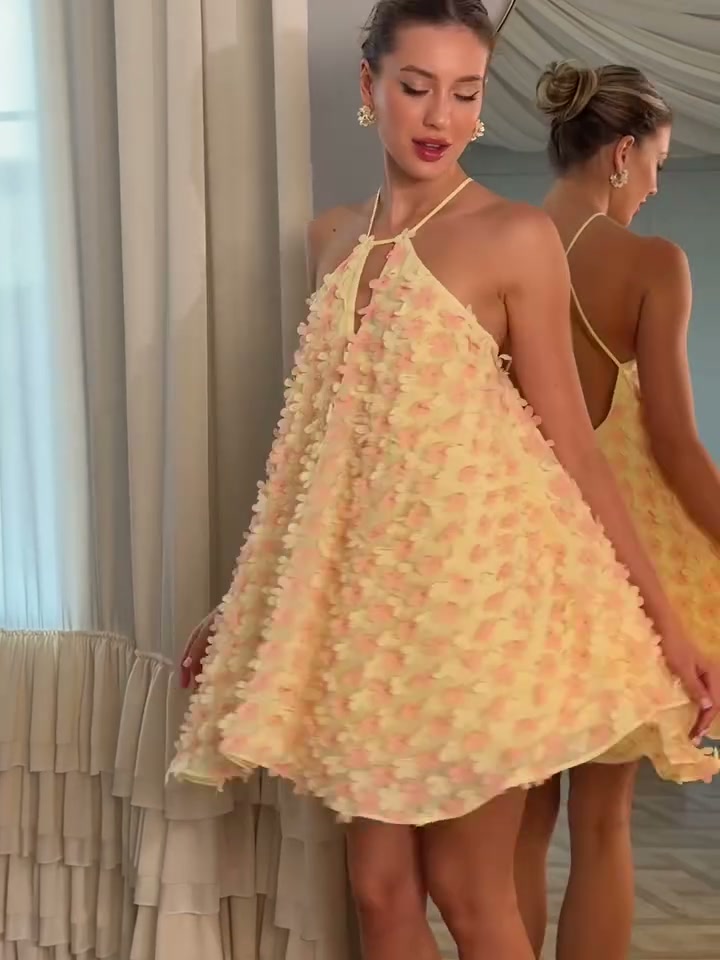 butter-yellow-3d-floral-halter-mini-dress-tiered-babydoll-party-dress