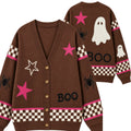 Chaotic Club Cute Brown Pink Ghost Star Checkered Cardigan
