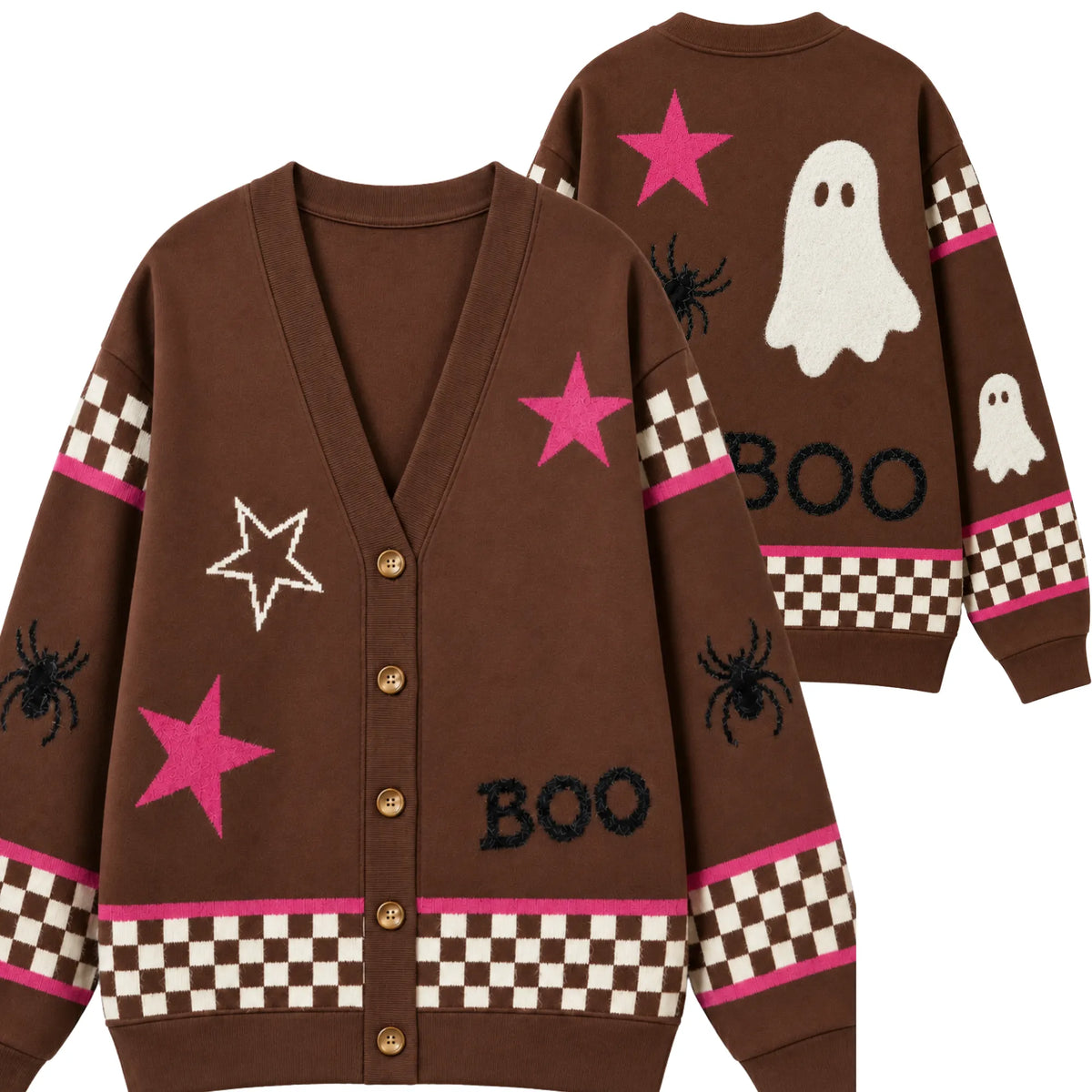 Chaotic Club Cute Brown Pink Ghost Star Checkered Cardigan