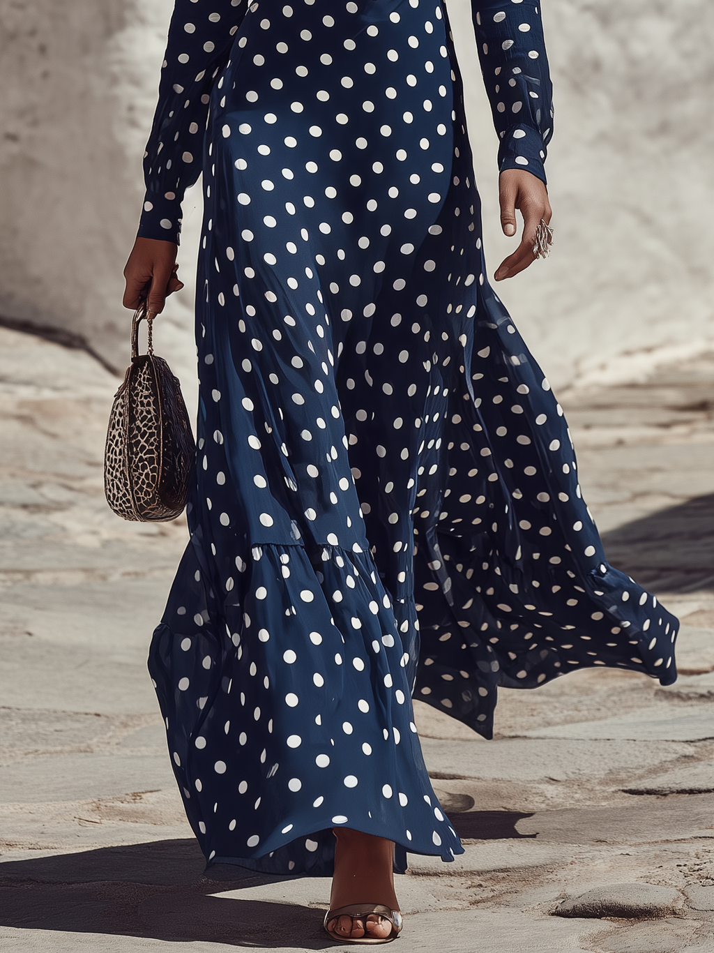 Vacation Square Neck Long Sleeve Polka Dot Maxi Dress