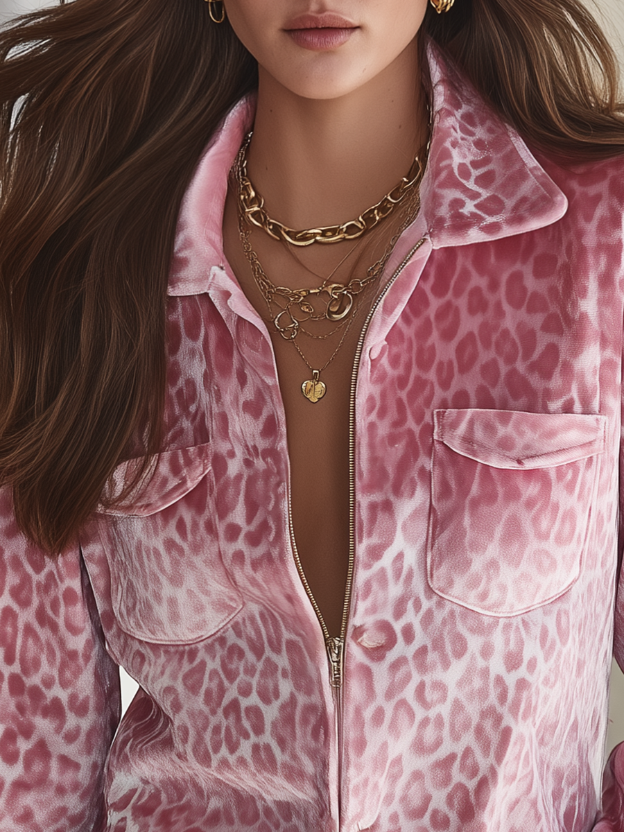 Resort-style Collared Long-sleeved Leopard Print Velvet Jacket