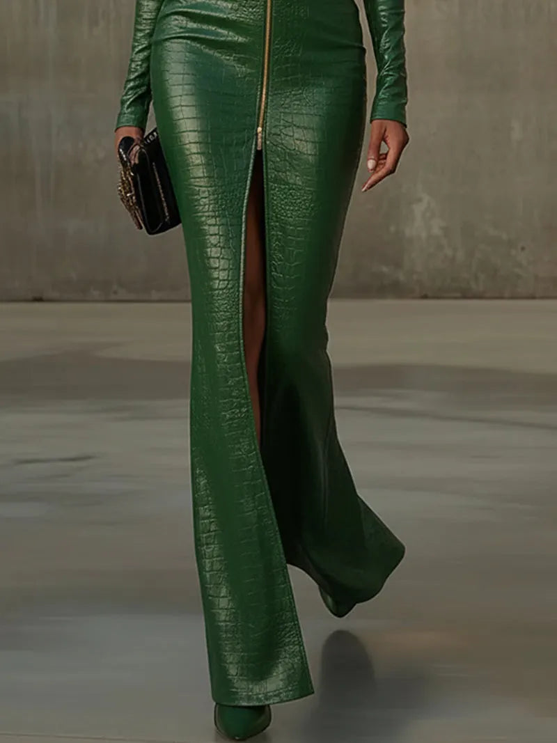24-Hour-Shipping Green Elegance Croc Embossed Maxi Dress