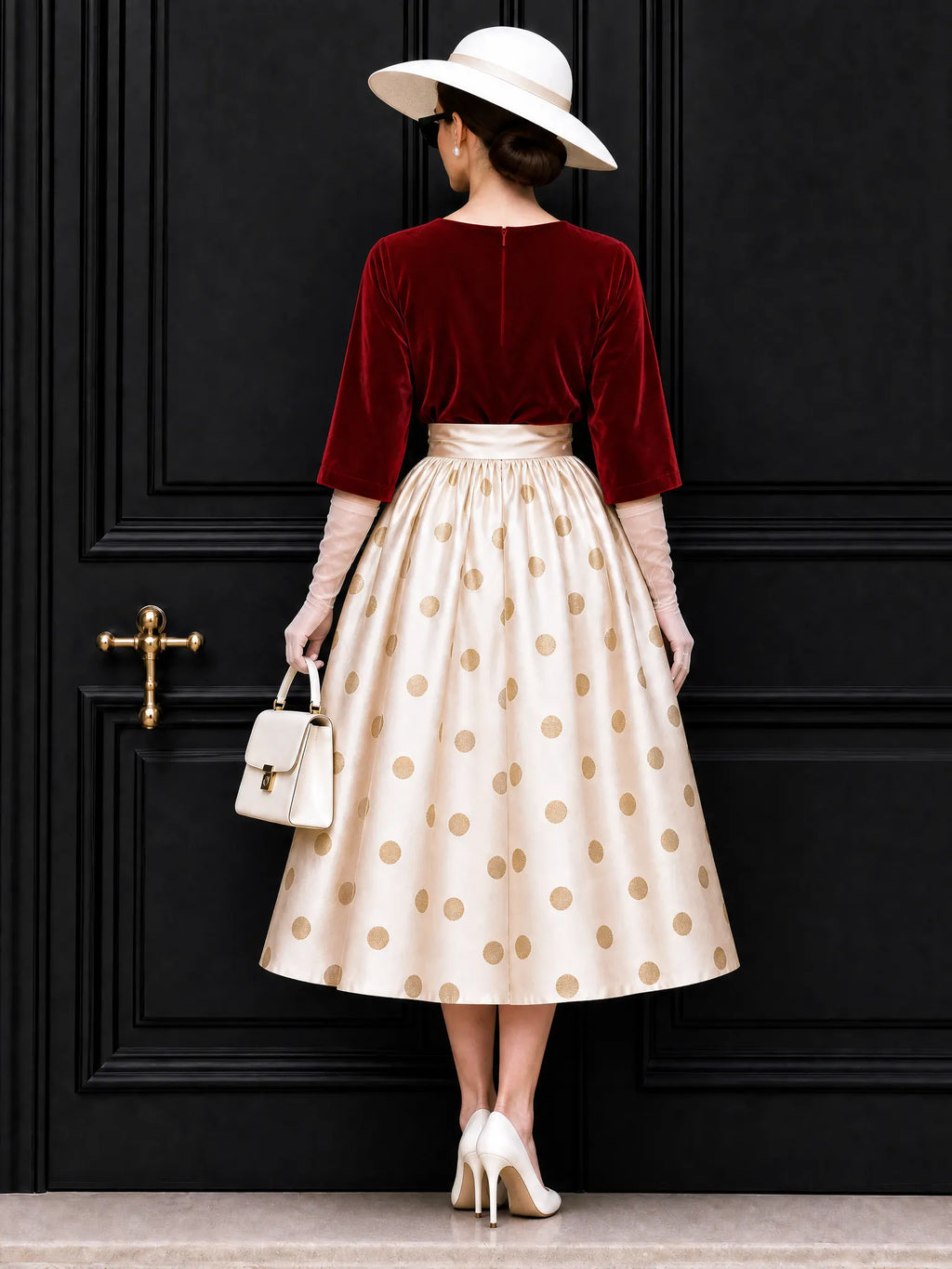 Vintage Polka Dot Velvet Panel Midi Dress