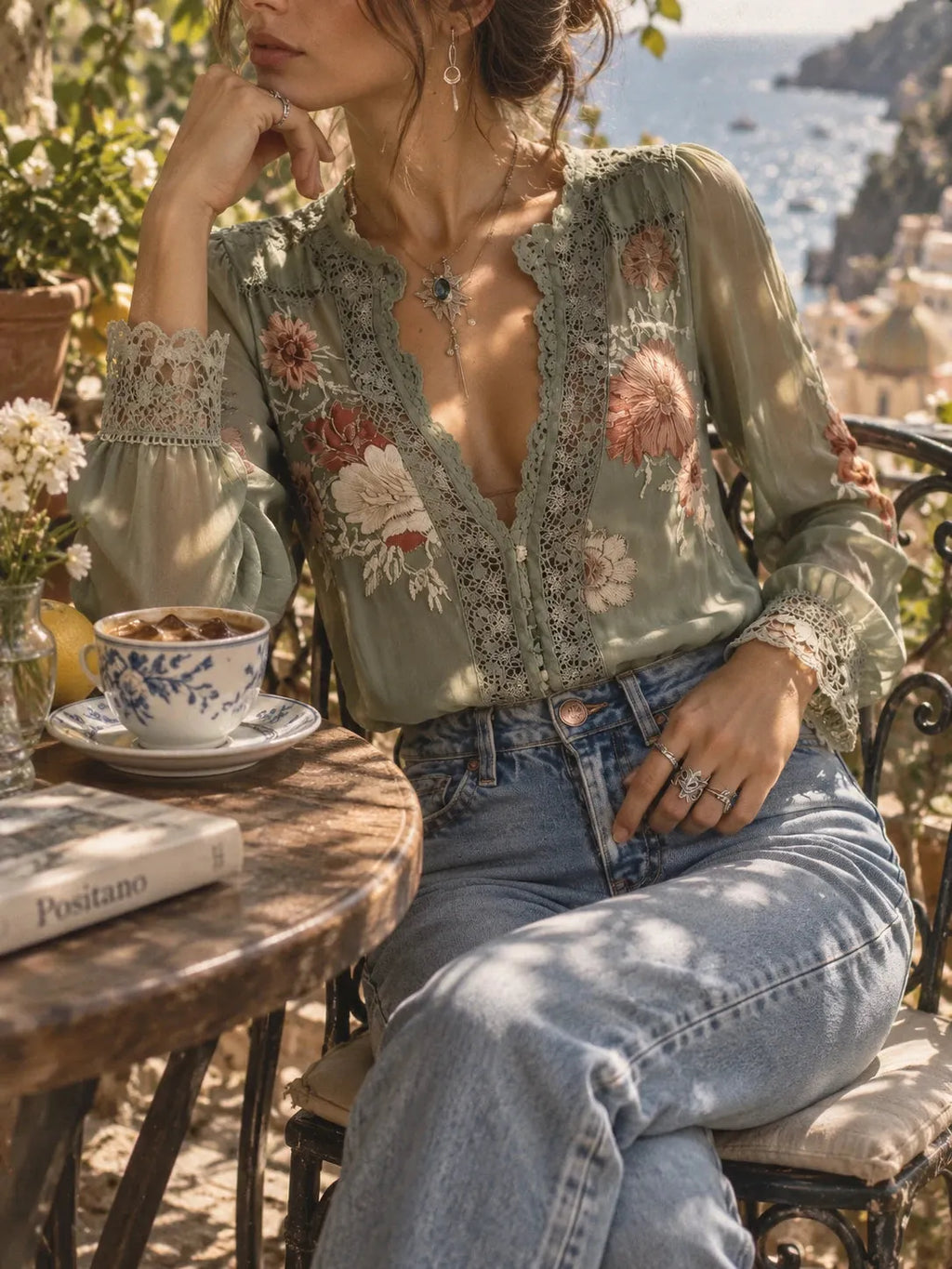 Bohemian Floral Printed Lace Blouse