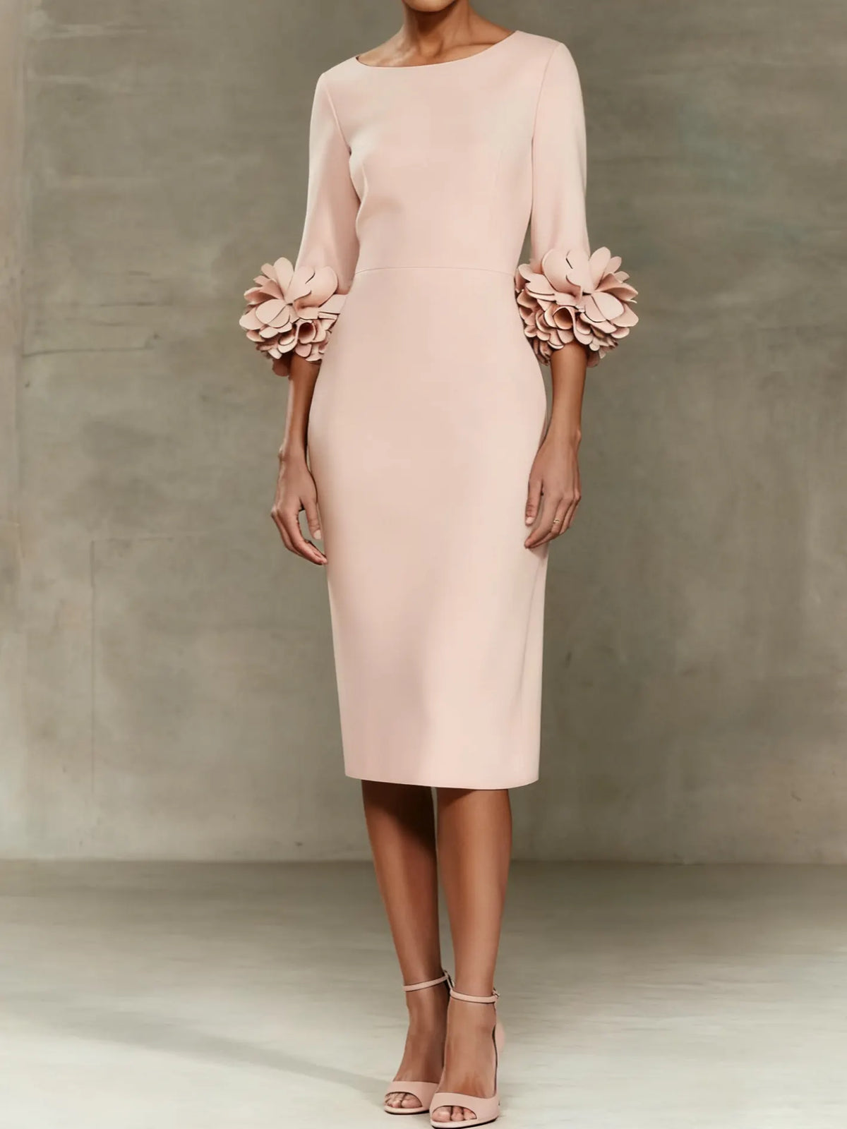 Light Pink 3D Floral Classic Crew Neck Half Sleeve Sheath Midi Dress