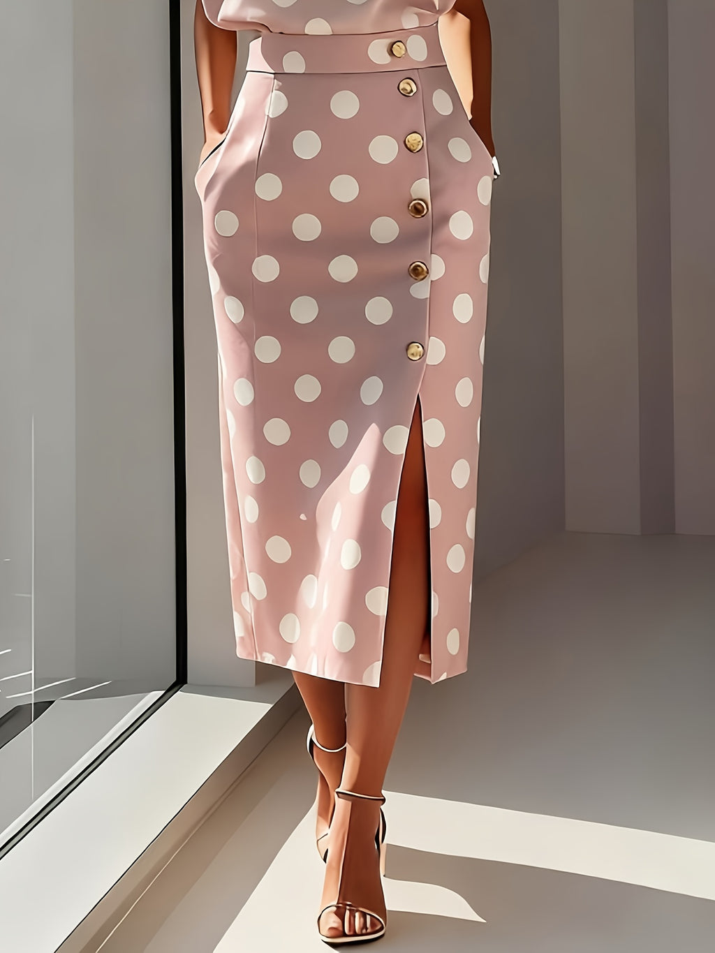 Button Front Split Midi Dress | Round Neck Office & Semi-Formal Dress for Spring, Summer & Fall