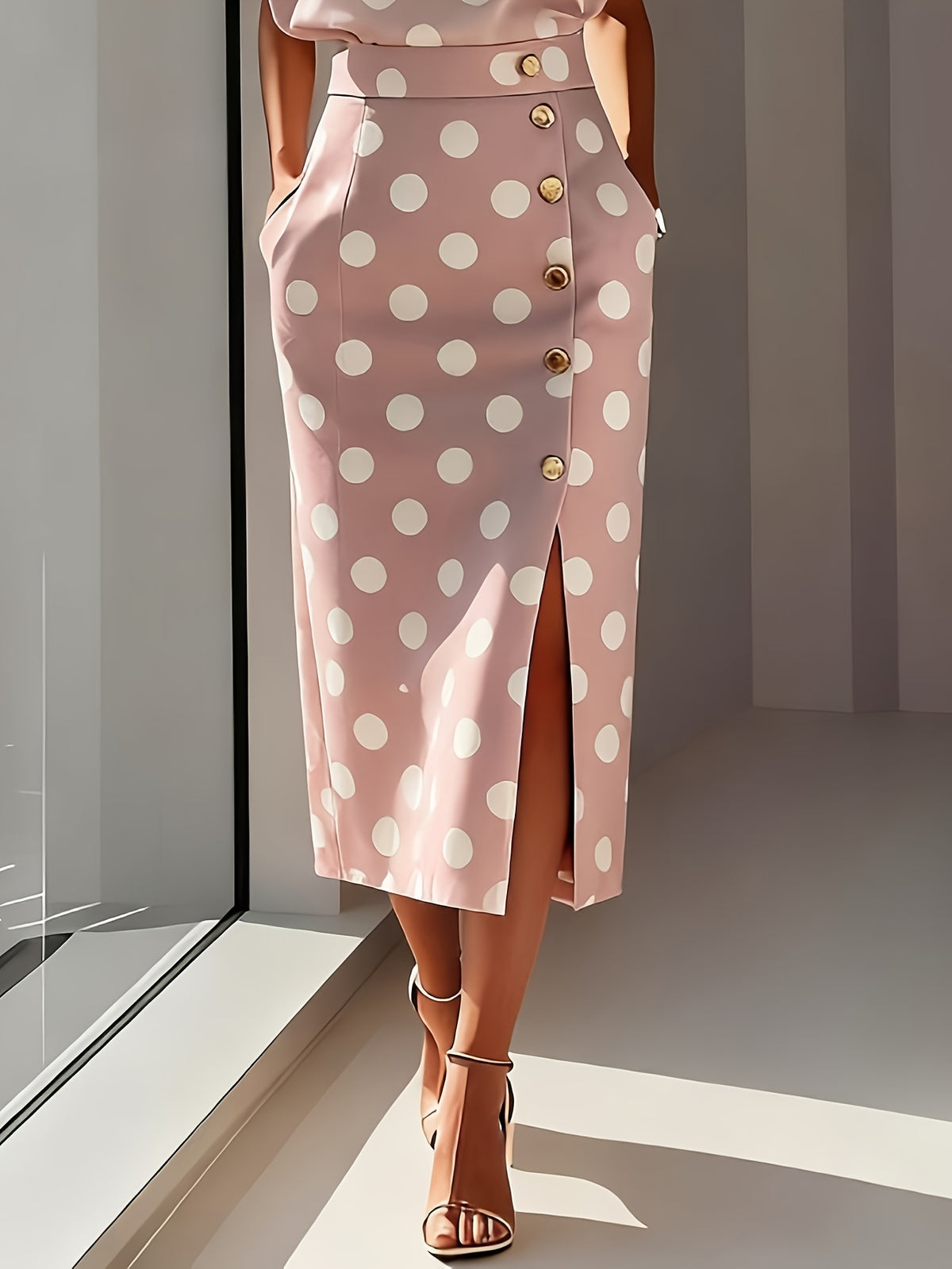 Button Front Split Midi Dress | Round Neck Office & Semi-Formal Dress for Spring, Summer & Fall