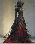 Halloween Contrasting Lace Spiderweb Embroidered Evening Dress 4252