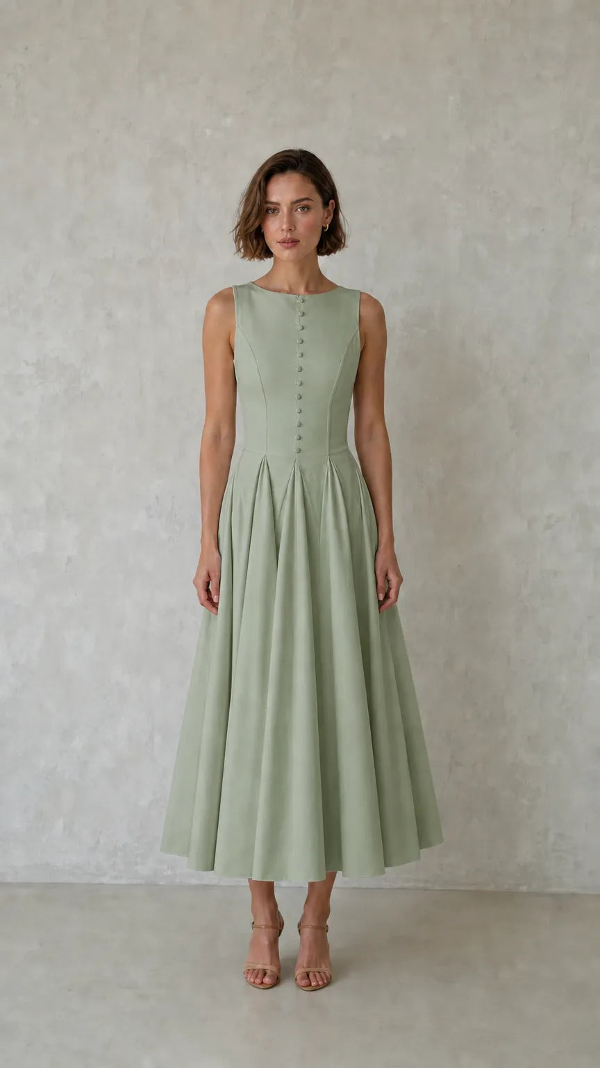 Elegance Sleeveless Pleated Midi Dress with Button Details