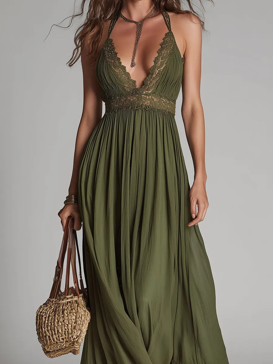 Boho Halter-Neck Maxi Dress With Lace Inserts
