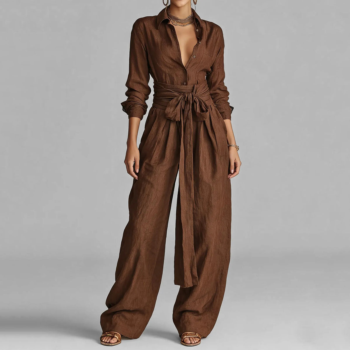 Women's Elegant Shirt Collar Long Sleeve Blouse & Slant Pocket Wide Leg Pants 2Pcs Set