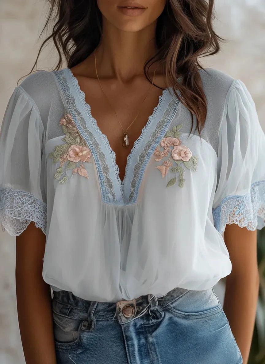 Boho Delicate Lace Floral Embroidered Chiffon Blouse