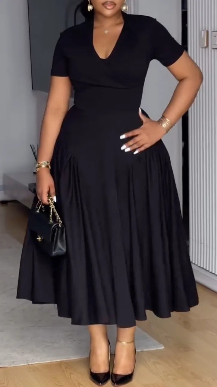 Wrap V‐Neck Midi Flare Dress