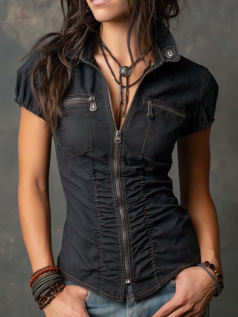 Retro Blouse in denim, Affordable Luxury