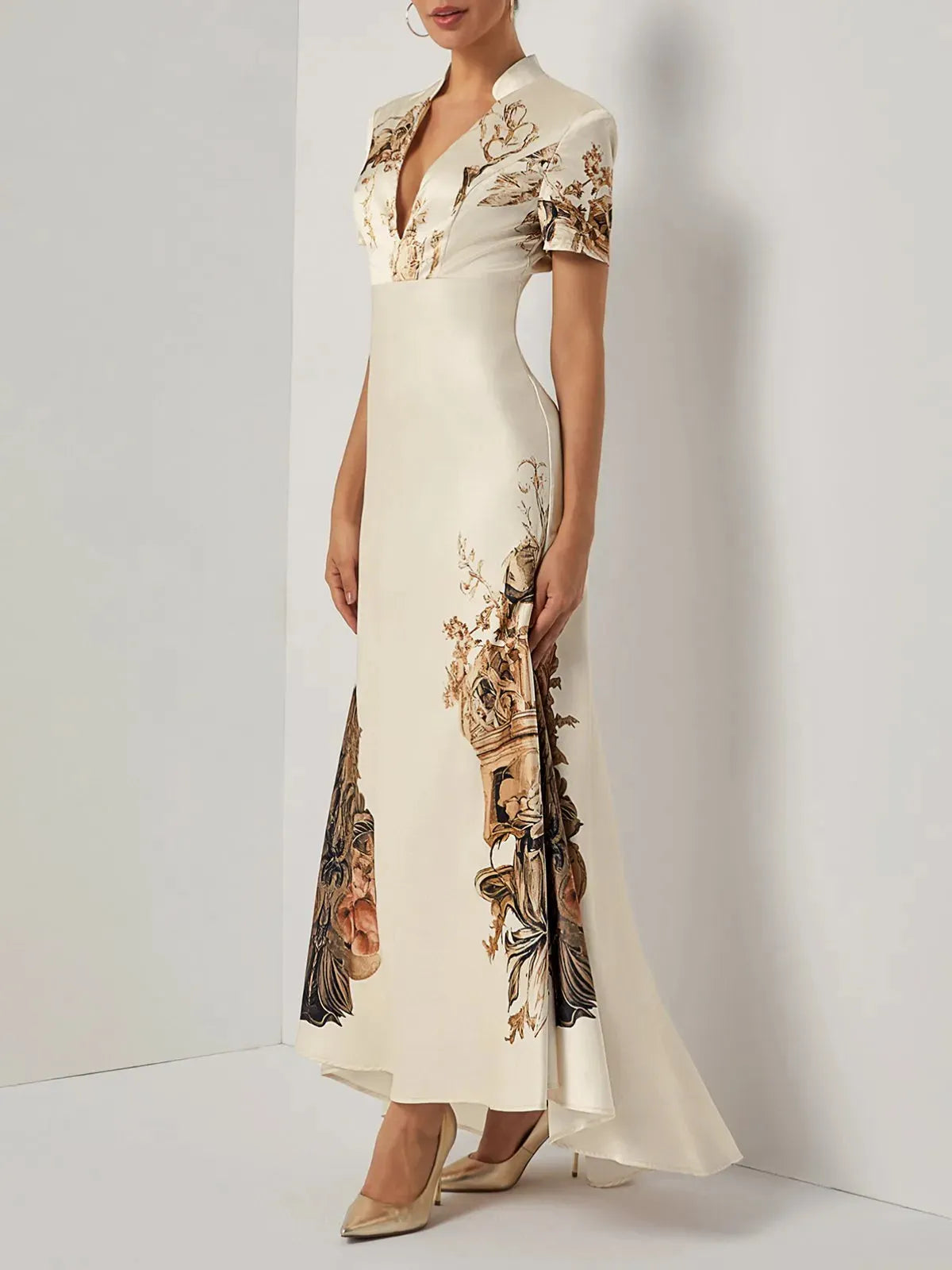 Beige Floral Satin Deep V Neck Mermaid Maxi Dress