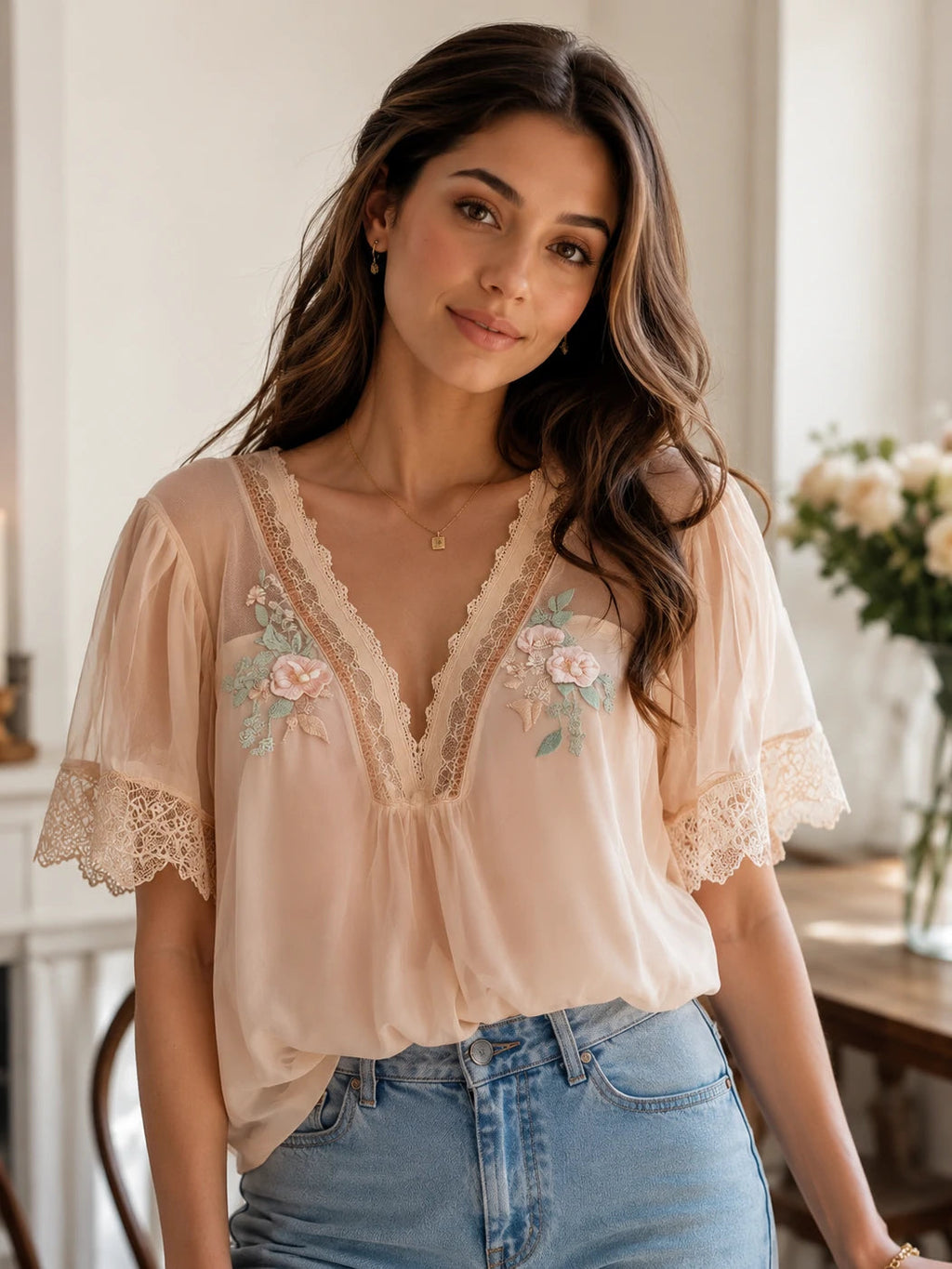 Boho Delicate Lace Floral Embroidered Chiffon Blouse