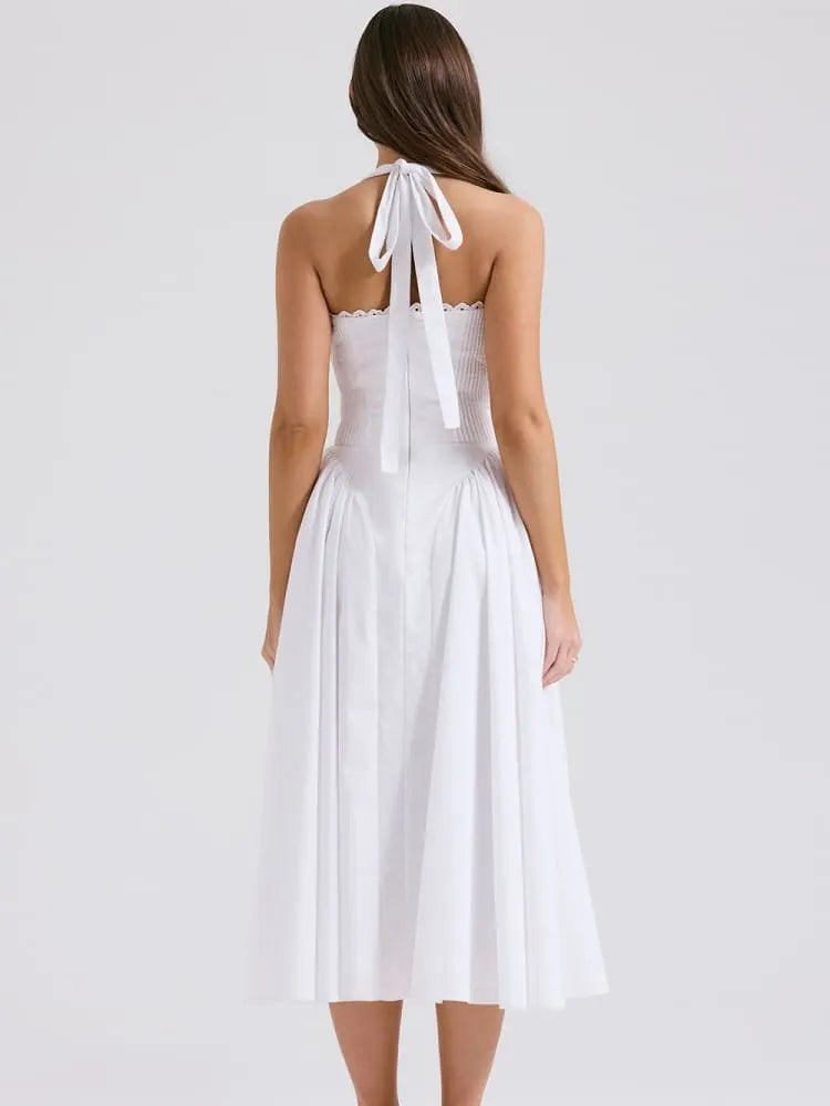 White Backless Halter Midi Dress