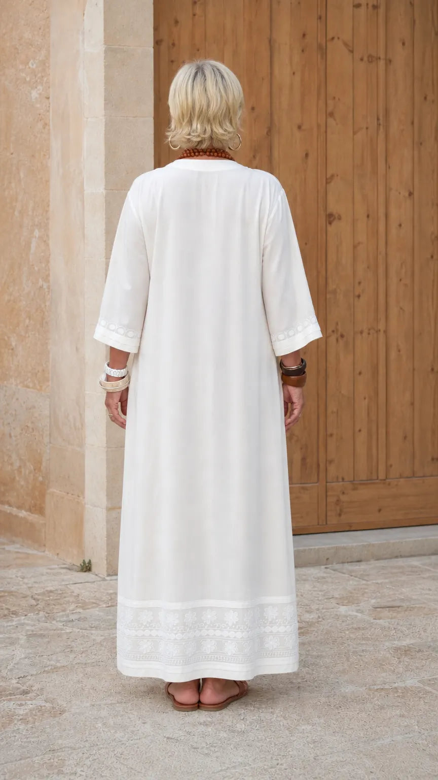 Embroidered V-Neck Kaftan Maxi Dress with 3/4 Sleeves