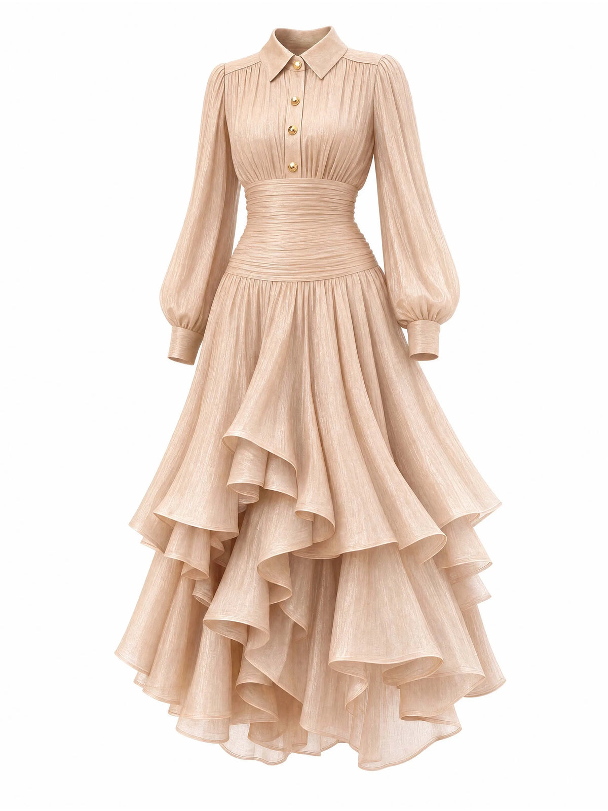 Vintage Champagne Shimmer Puff Sleeve Midi Dress