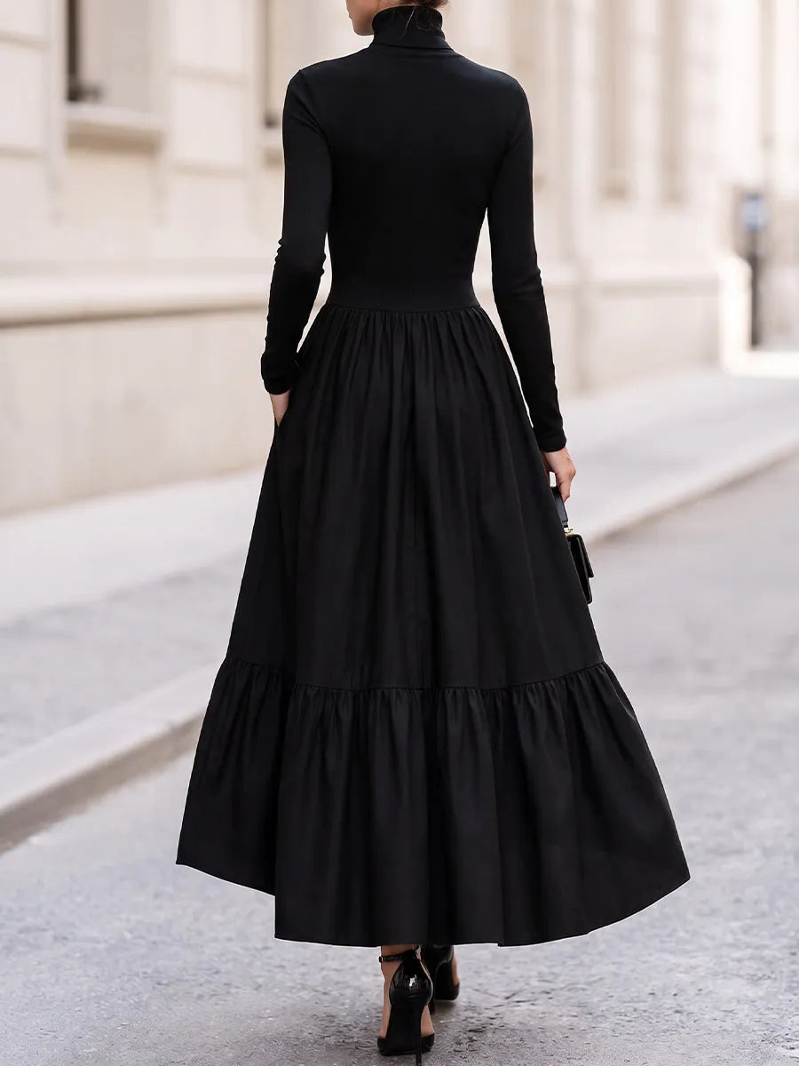 Turtleneck Long‐Sleeve High‐Low Tiered Maxi Dress With Side Pockets
