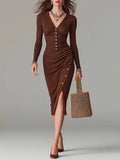 Boho Ribbed Knit V-Neck Long Sleeve Button-Up Midi Dress