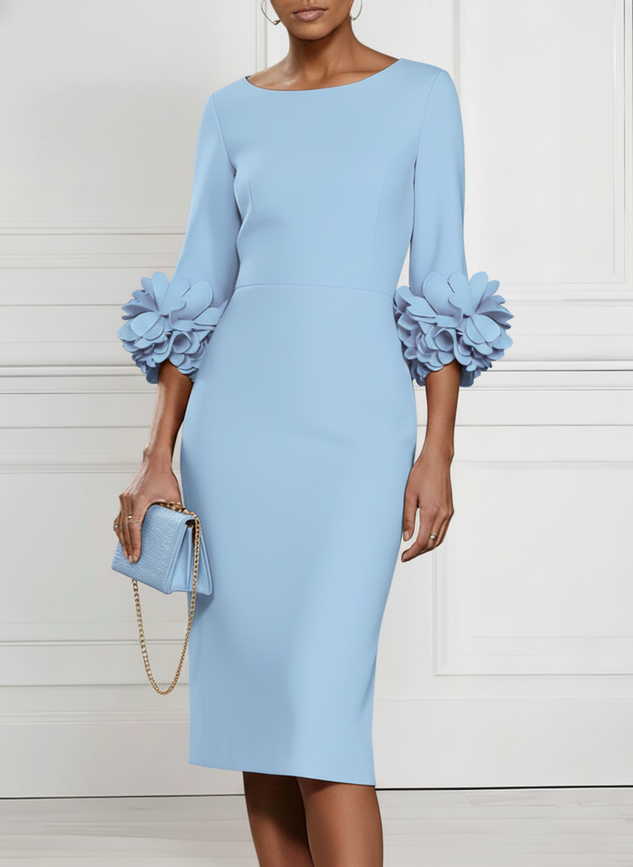 Light Pink 3D Floral Classic Crew Neck Half Sleeve Sheath Midi Dress